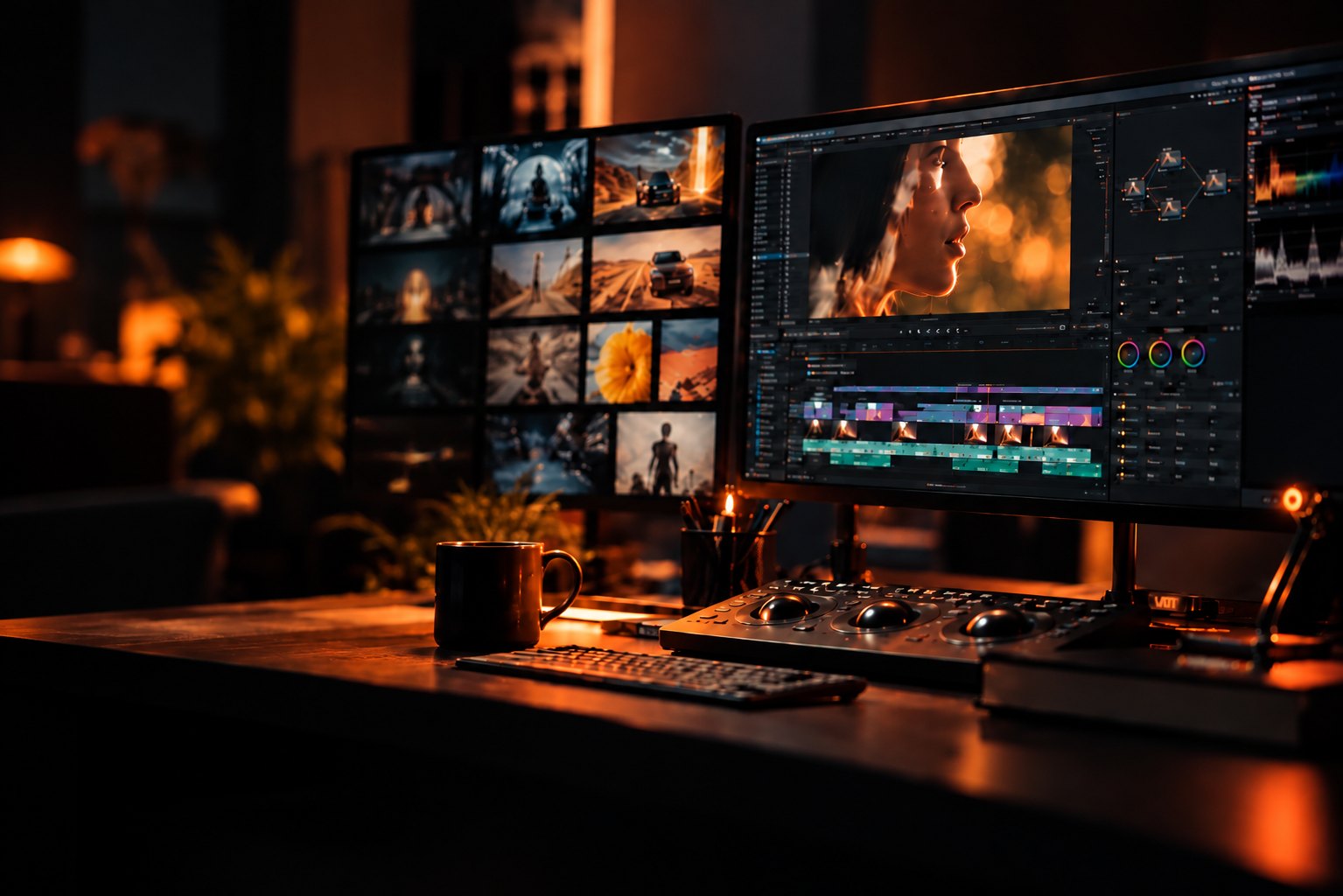 Estación de edición de video con DaVinci Resolve: timeline, color grading y monitores con escenas de motion graphics